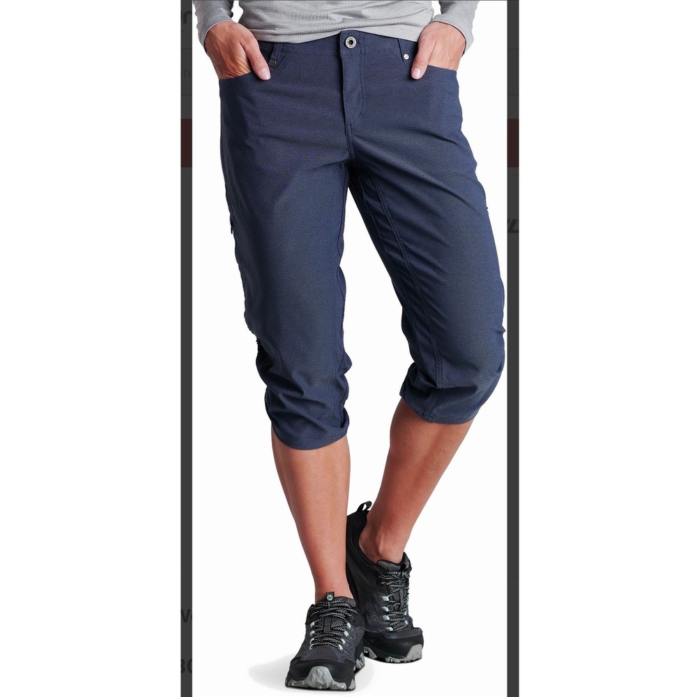 Kuhl Trekr Kapri Women 14 Indigo Blue 6503 Rekoil Fabric Hiking Pants UPF 50+